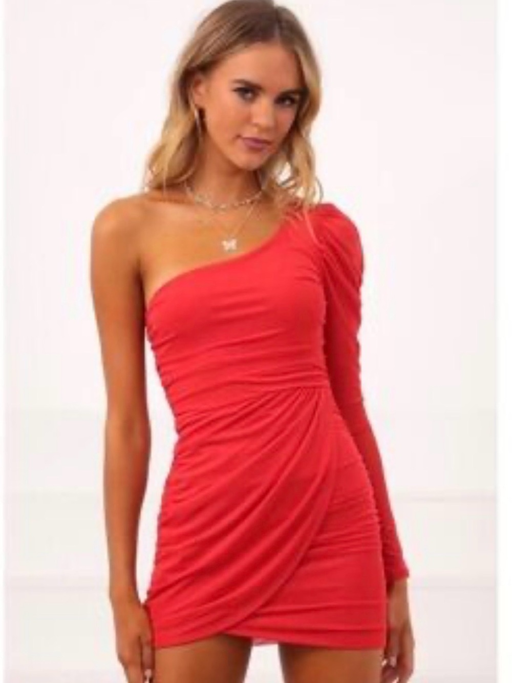 Lucy in the Sky One-Shoulder Red Ruched Mini Dress